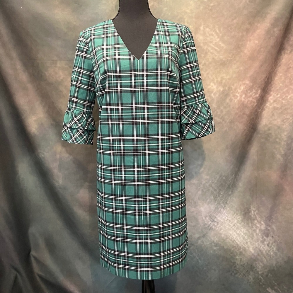 Draper James Angie‎ Plaid V Neck Ruffle Sleeve Shift Dress Women Size 8